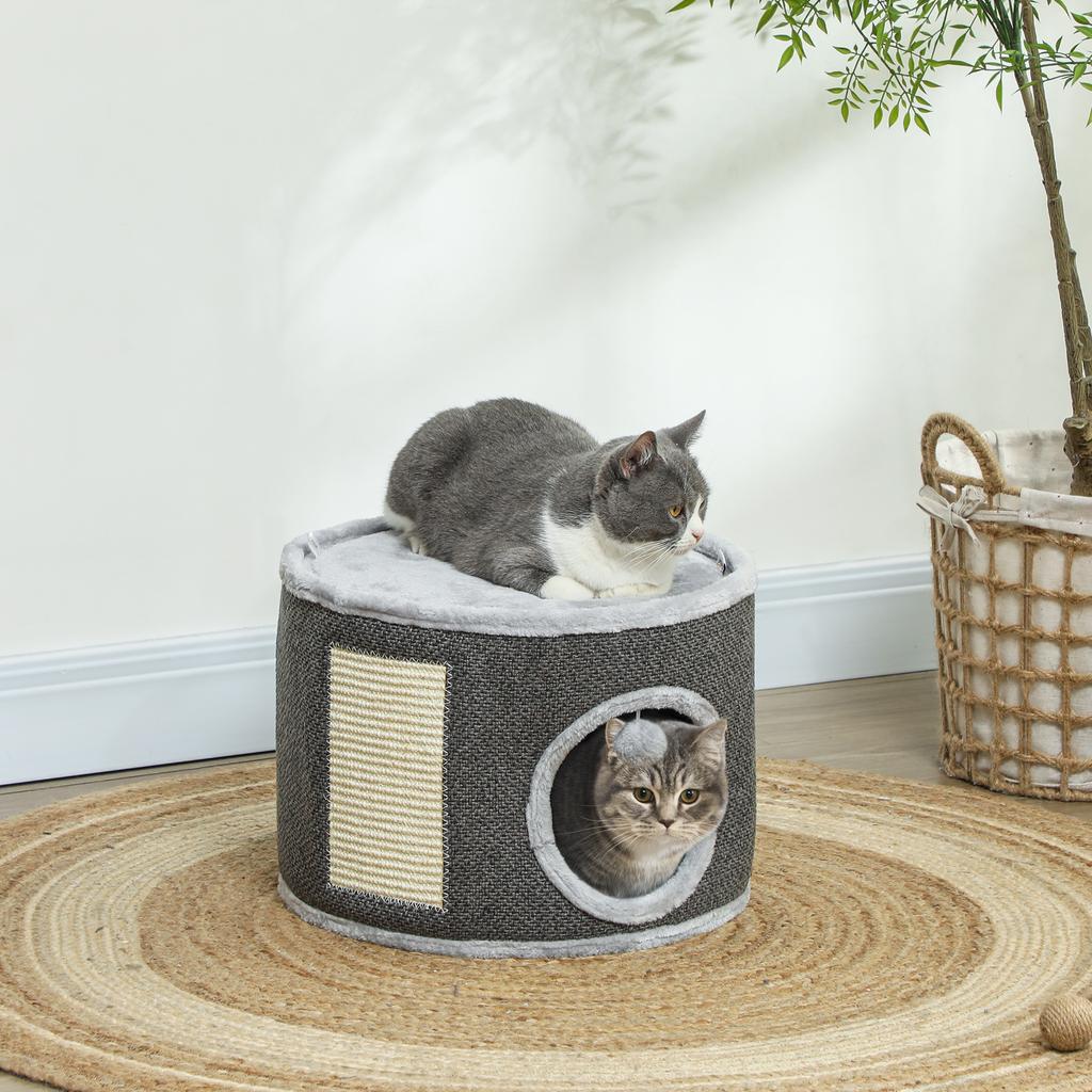 Cat Cave, 2 Levels, Cat House, Plush, Cushion, Sisal Scratching Board, diameter 40 x 30H cm, Dark Grey