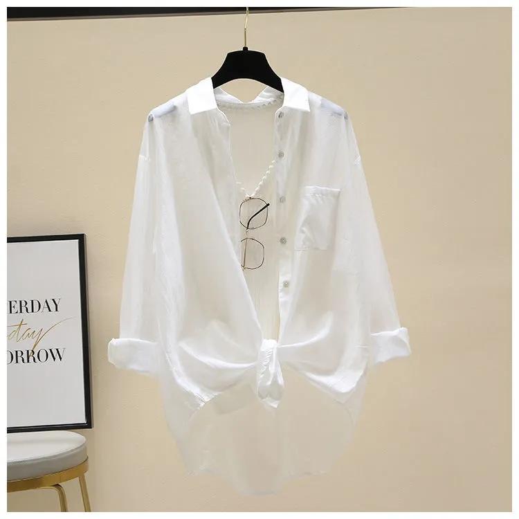 Женские свободные универсальные летние топы с защитой от солнца в корейском стиле, повседневные однотонные топы, модная простая шикарная верхняя одежда, тонкие мешковатые