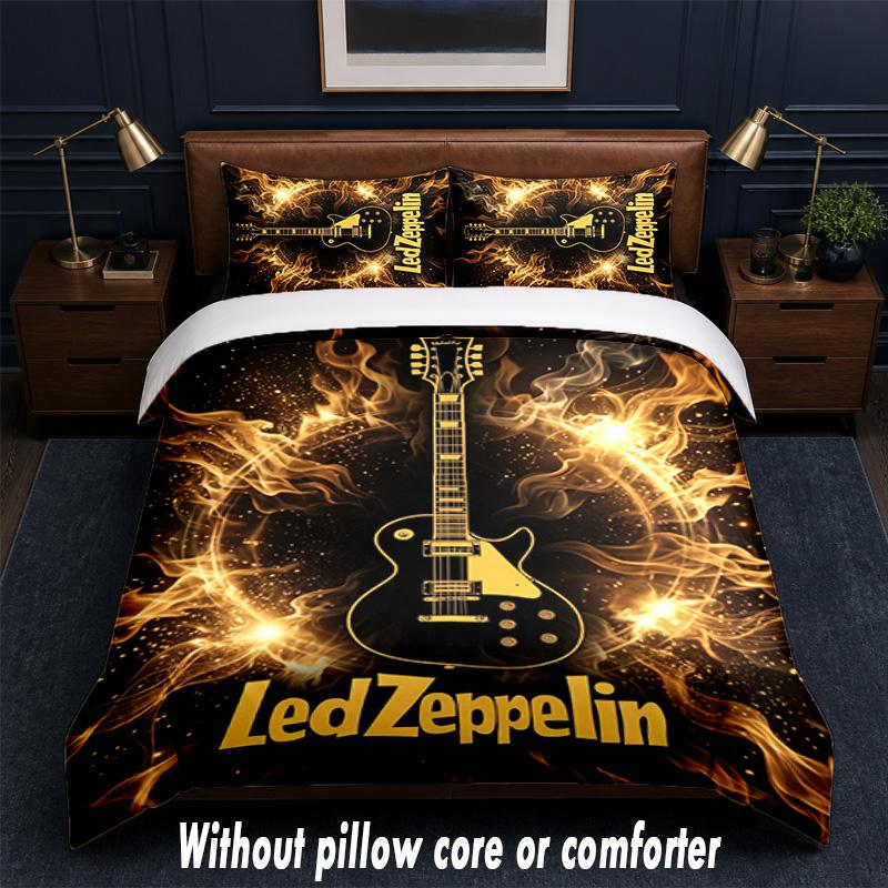 Led Zeppelin Design Bed Bedding Set 1 Duvet Cover + 2 Pillowcases Soft Breathable Household Bed Linens