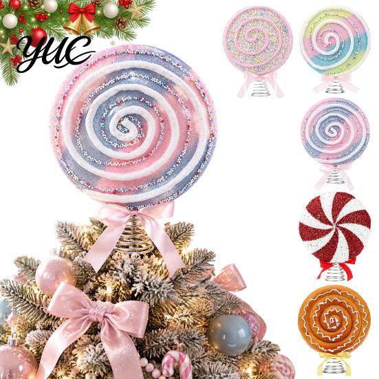 Event Stage Decoration Macaron Spiral Lollipop Christmas Tree Topper, Foam Candy Ornament with Sweet Shop Props Bow, Party Prop for Window Display