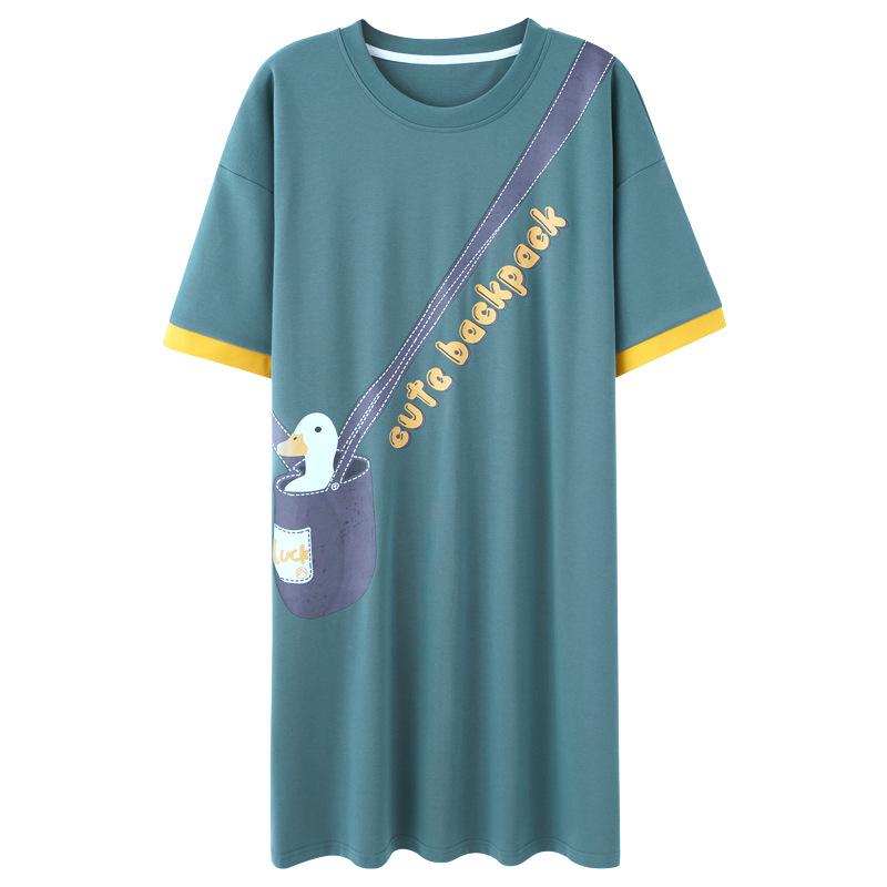 Милая хлопковая летняя ночная рубашка с рисунком для женщин – свободный крой, короткий рукав, корейский стиль, юбка средней длины