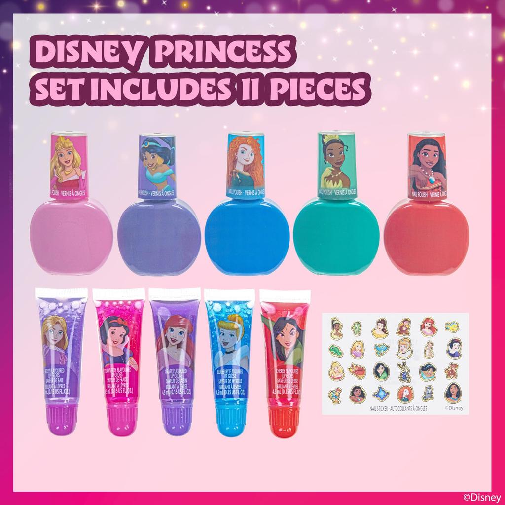 TownleyGirl Disney Princess Kids 5 Lip 5 Nail and 24 Nail Stickers Nails, 10-Piece Assortment Glosses, Peel-Off Polishes,