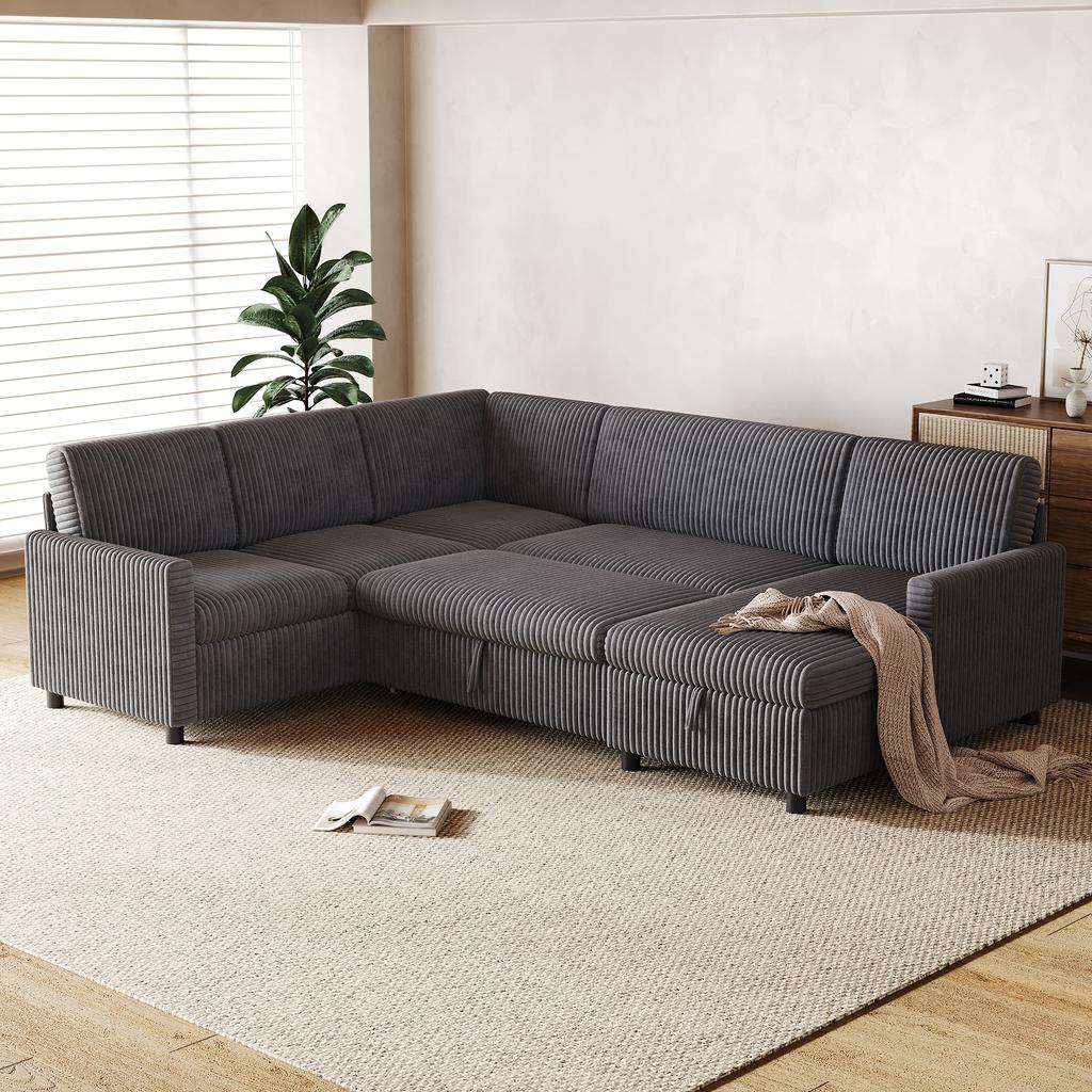 Modern U-Shaped Corner Sleeper Sofa with Sleep Function, Pull-Out Sofa Bed, Coarse Corduroy Fabric, Chaise Longue with Storage, Gray, 220×274×85 cm