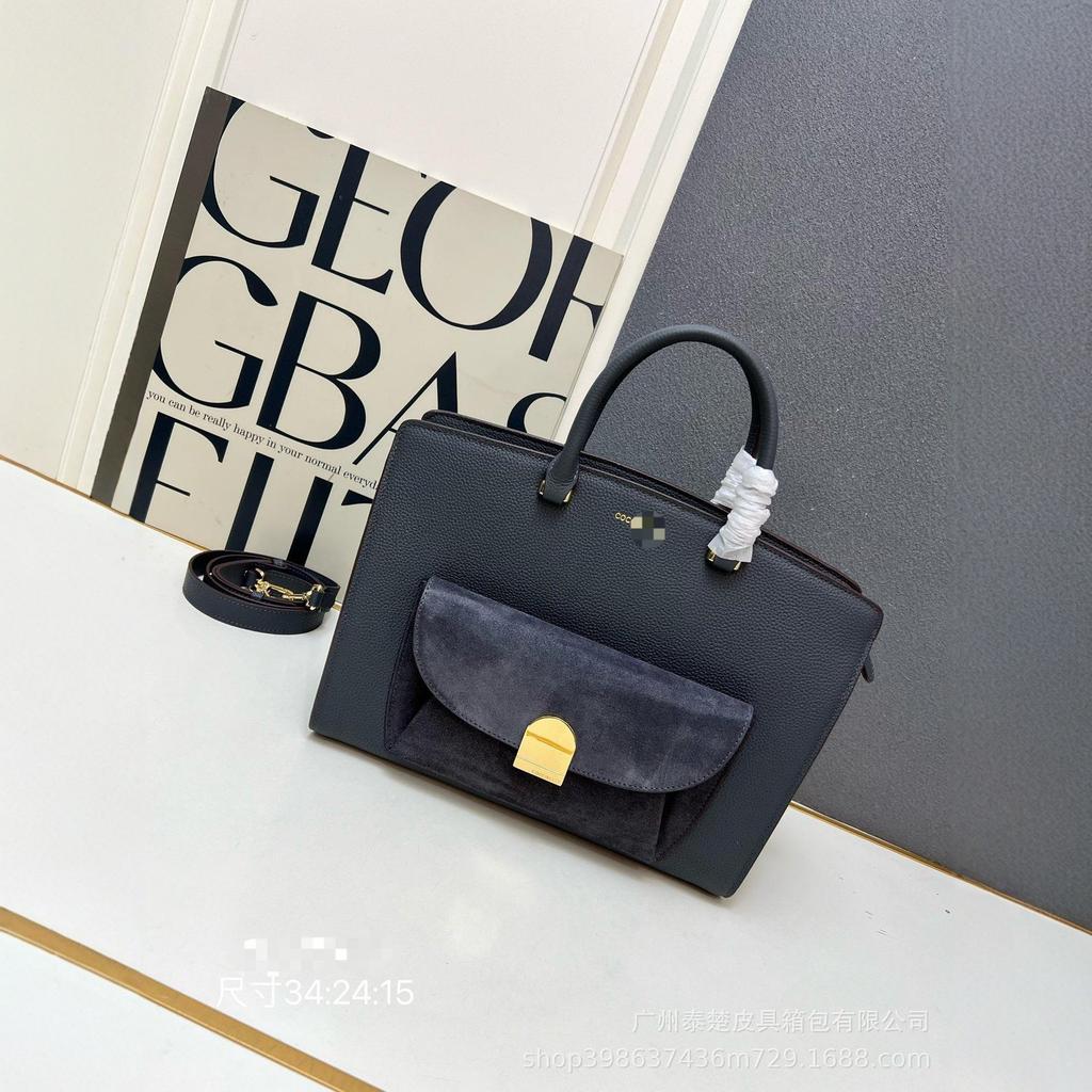 2025 New Authentic Leather Handbag Women's Commuter High-end Shoulder Bag Contrasting Color Design Lock-up Tote With Box