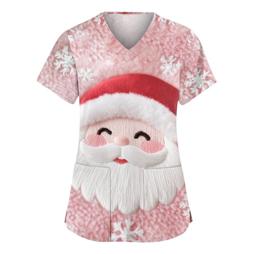 Женский модный рабочий топ с V-образным вырезом, рождественским принтом, короткими рукавами, карманом, боковым разрезом, базовый пуловер