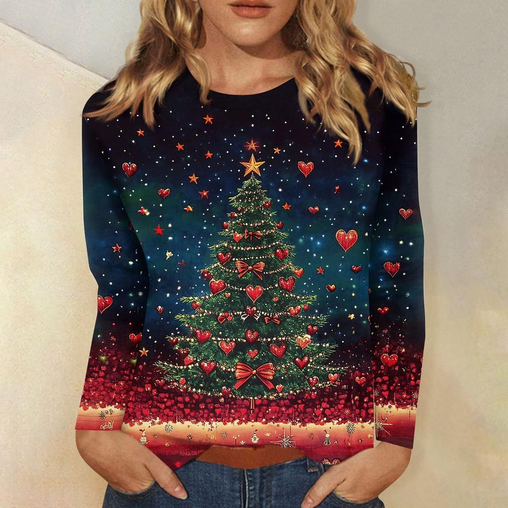 Женская мода повседневный рождественский принт круглый вырез длинный рукав пуловер топ