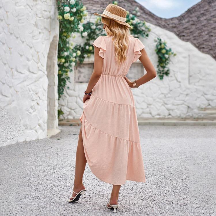 Women Summer Casual V-Neck Slim Dress Solid Color A-Line High Waist Layered Long Dresses Spring Short Lotus Leaf Sleeve S-XL