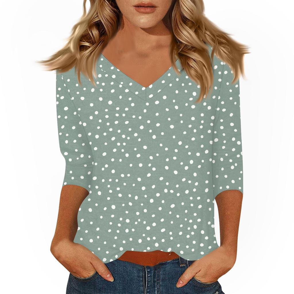 Women's Tops Three-quarter Sleeve Shirt V-neck Loose Casual Shirt Print T-shirt
