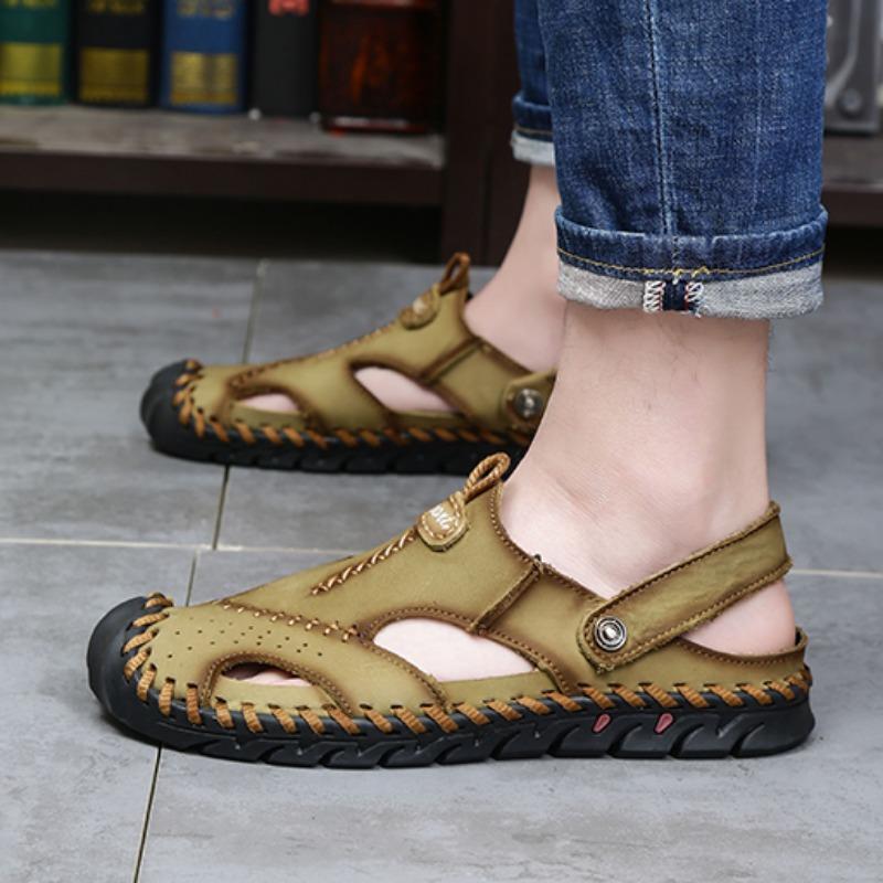 Летние мужские кожаные пляжные сандалии большого размера Мужские сандалии с закрытым носком