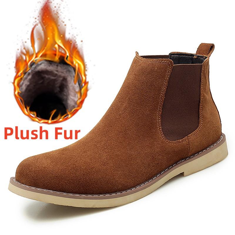 Shoes Man Winter Men Ankle Chelsea Boots New Fashion Casual  Male Shoes Cow Suede Leather Slip Ons Plush Warm Man Snow Boots
