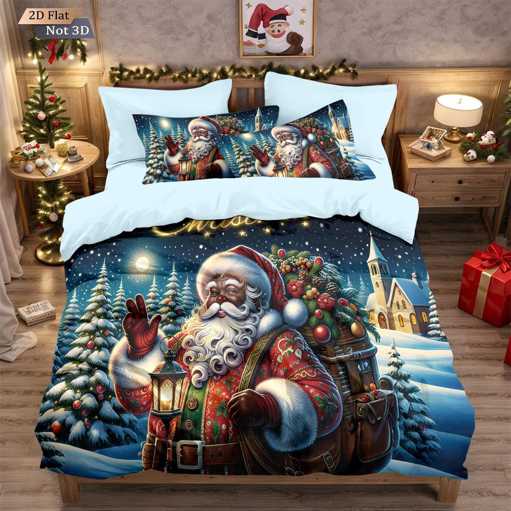 Three-piece Christmas Bedding Set, Brushed Duvet Cover and Pillowcase Set with Santa Claus Digital Print