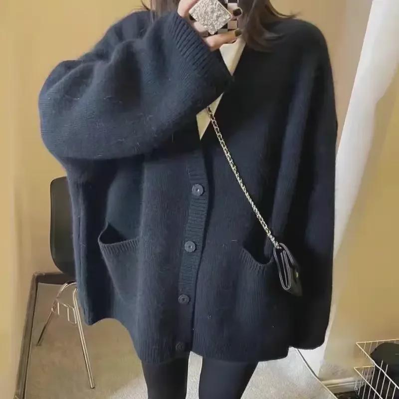 Retro Solid Color Knit Cardigan - Autumn/Winter Loose Fit Korean Sweater Jacket