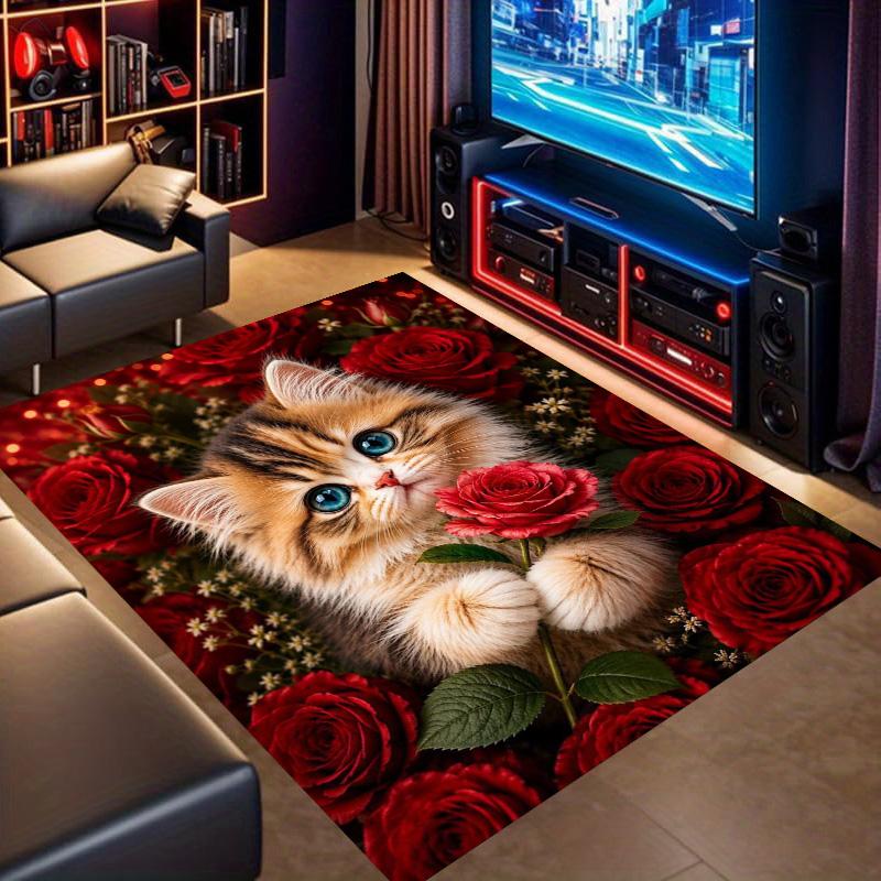 Cute Kitten Red Rose Floral Art Print Area Rug Animal Flower Theme Non‑Slip Rectangular Floor Mat Home Decor For Living Bedroom