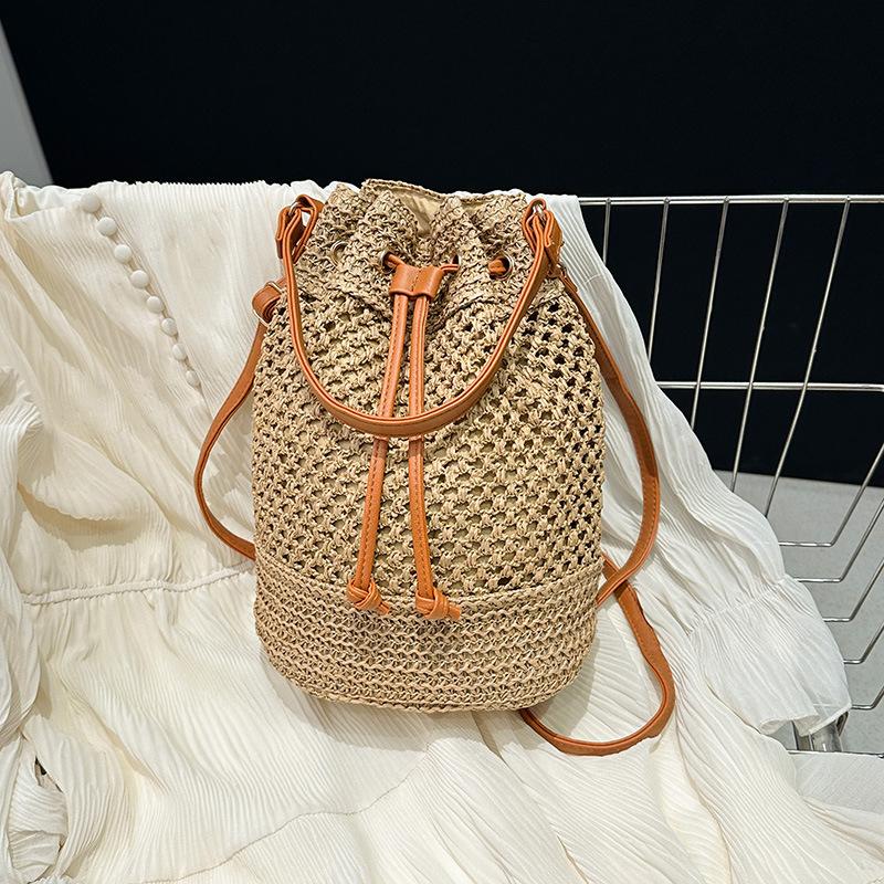 Летние соломенные сумки через плечо, женская сумка-ведро с завязками, плетеные вручную сумки из рафии, повседневная женская пляжная сумка через плечо