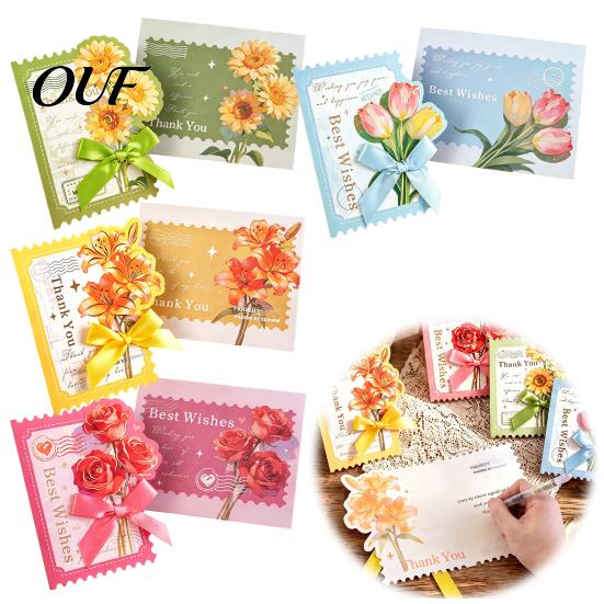 Decorative Greeting Cards Floral Card with Envelope, Thank You Ribbon Bow, Note Envelope Best Wishes for Wedding, Birthday, Baby Shower, Graduation