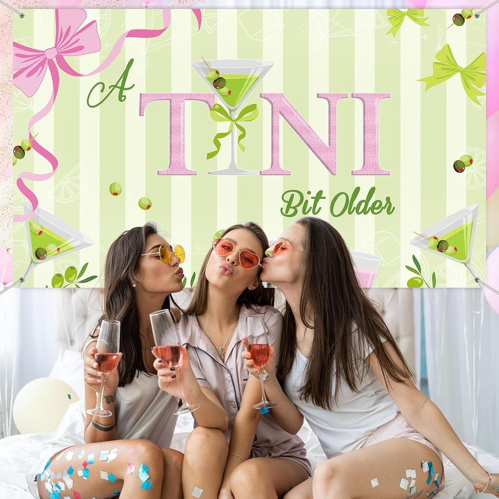 Tiamon a Tini Bit Older Party Decorations Martini Bow Birthday Backdrop Banner Large Fabric Green Pink Martini Bar Birthday Photo Backdrop for