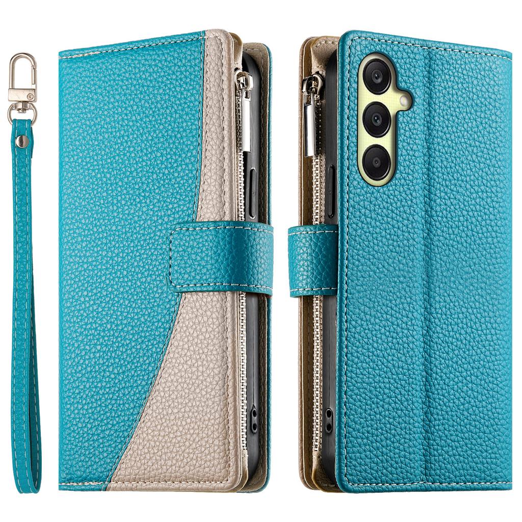 For Samsung Galaxy A17 5G Case Zipper Wallet Color Splicing Leather Flip Phone Cover with Straps