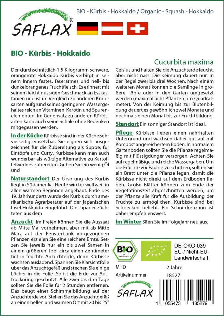 SAFLAX Garden in the Bag - Органический - Тыква - Хоккайдо - 5 семян - С субстратом в подходящем пакете - Cucurbita maxima