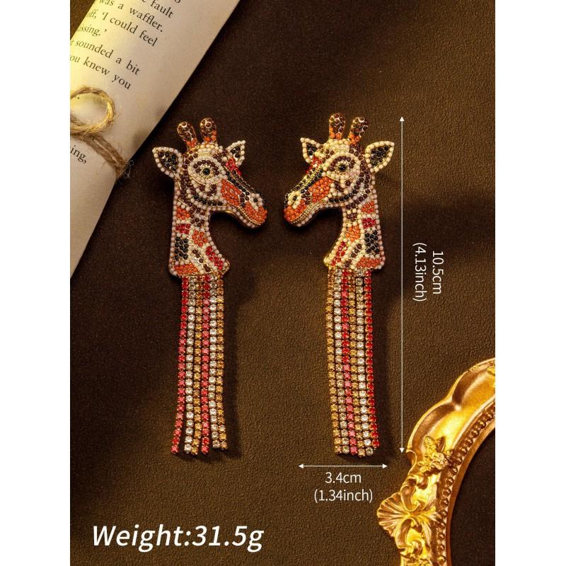 Vintage Giraffe Tassel Earrings Light Luxury Style Full Of Diamonds