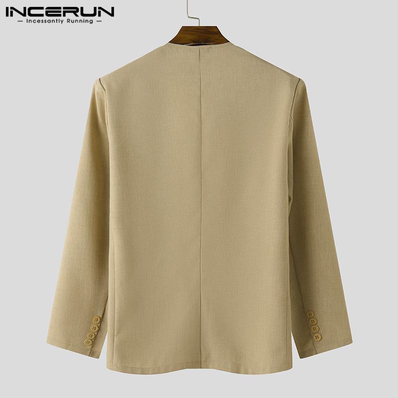 INCERUN Мужские тонкие пиджаки без воротника с длинным рукавом на одной пуговице