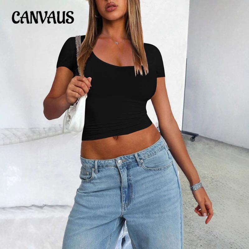 Women's Spring Sexy Spice Short Sleeve Fashion New Square Neck Slim Dew Neck T-shirt Short Tops