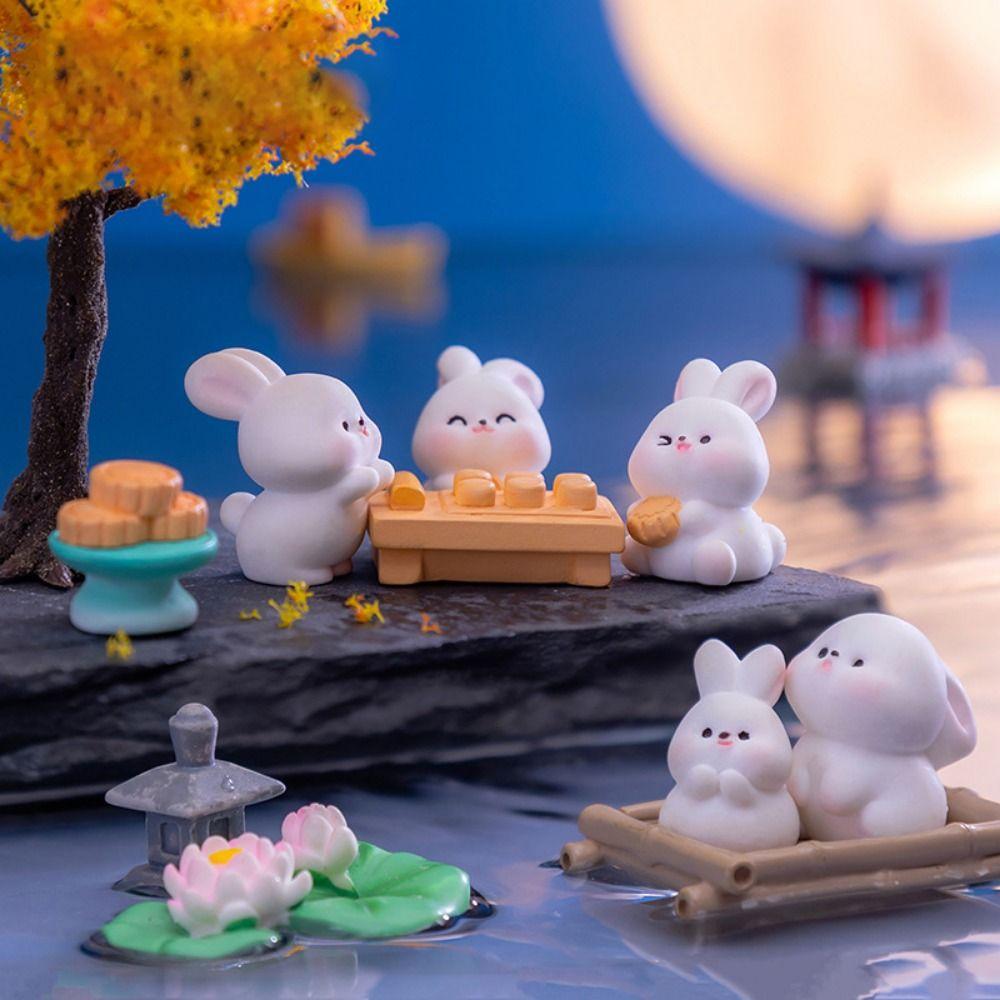Chinese Style Bunny Micro Landscape Resin Bunny Statue Cute Mooncake Rabbit Ornament Car Decor