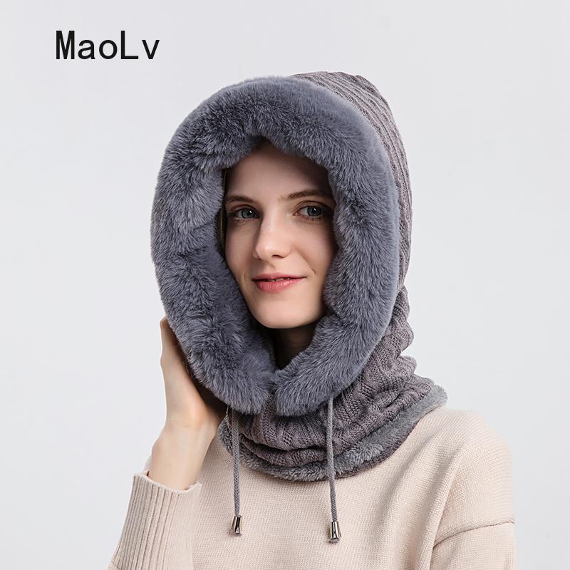 Hat Soft Winter Fur Cap Mask Set Hooded for Women Knitted Cashmere Neck Warm Balaclava Bicycle Hat Thick Plush Fluffy Ski Windproof Hat