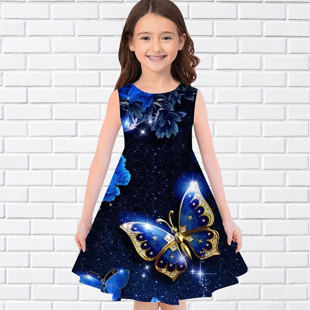 Пышная юбка без рукавов с 3D принтом бабочки для девочек, платье принцессы без рукавов, платье-майка с 3D принтом бабочки для девочек, лето 2022 г.