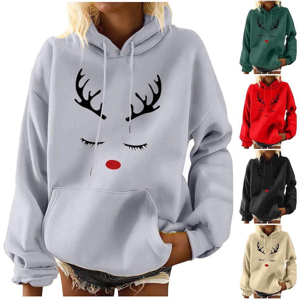 Women's Fashion Leisure Christmas Party Printed Long Sleeve Hooded Pullover Top
