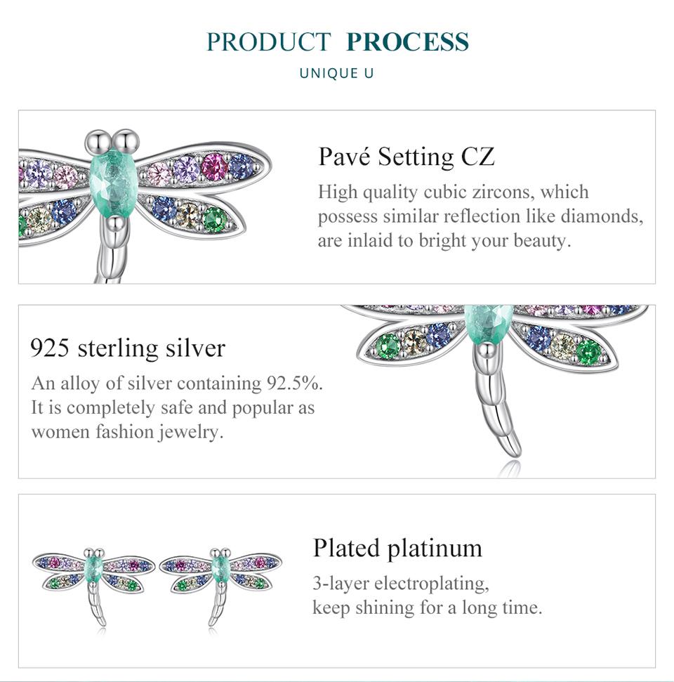WOSTU 925 Sterling Silver Dragonfly Stud Earrings Insect Earrings for Women Colorful Zircon Fine Jewelry