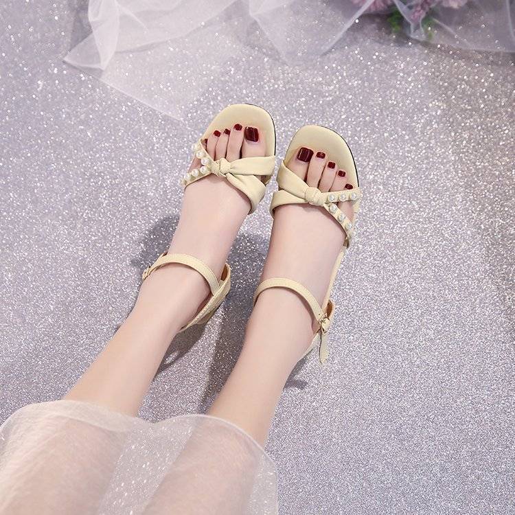 Мода Одно Слово Зеленые Летние 2024 Сандалии для Женщин Бант Жемчуг Бежевые Женская Обувь Обувь Удобная и Элегантная Обувь Корея Сандалия F H