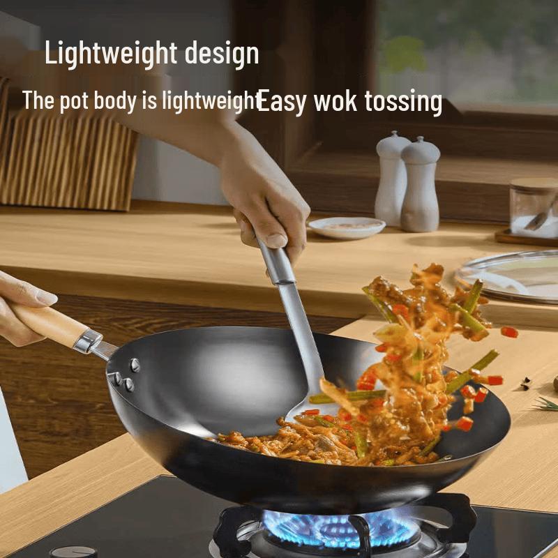Supor Traditional 30cm Flat Bottom Iron Wok with Lid