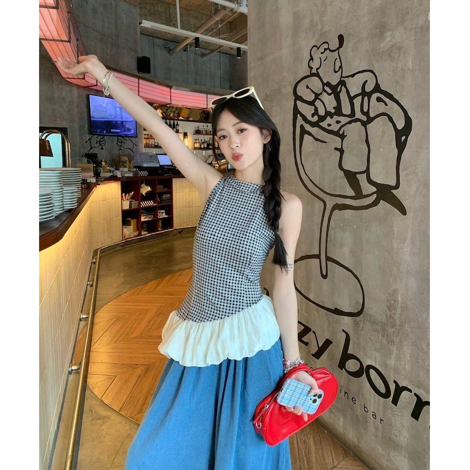 New niche slim-fit Spice Girl plaid top design sense irregular splicing sleeveless sling vest women's summer