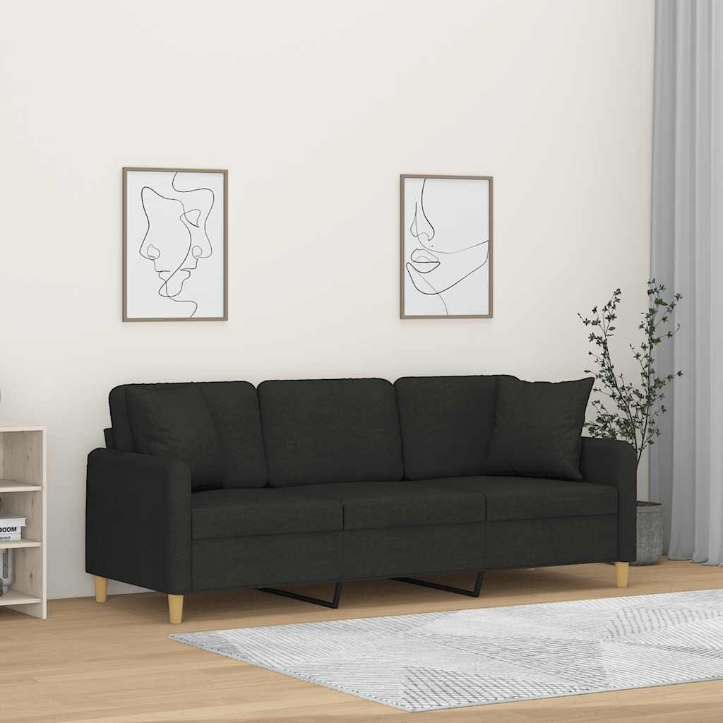 3 Seater Sofa with Decorative Cushions Black 180 cm Fabric
