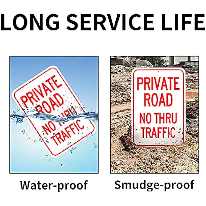 Large Private Road No Thru Traffic Sign, Aluminum Reflective Sign Rust Free Aluminum-UV Protected and Weatherproof 3inch