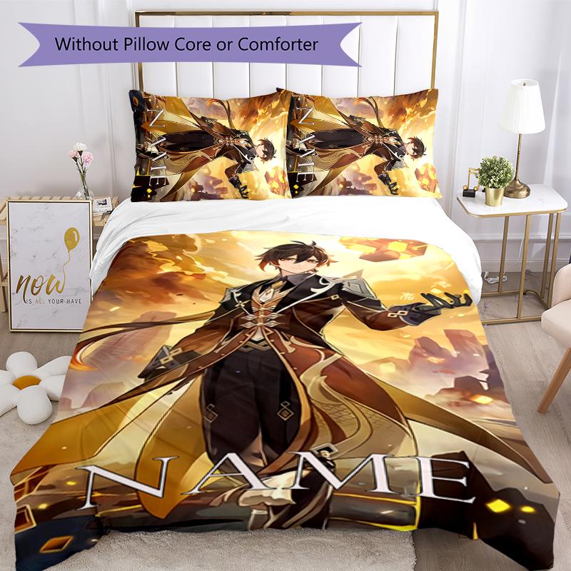 3pcs Custom Name Genshin Impact characters Bedding Set Duvet Cover Closure Includes 1 Duvet Cover & 2 Pillowcases for All Seasons Bedroom Decor