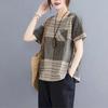 Cotton Linen Retro Artistic Top Summer Plaid Loose Women's T-shirt Versatile Fashion Short Sleeved T-shirt