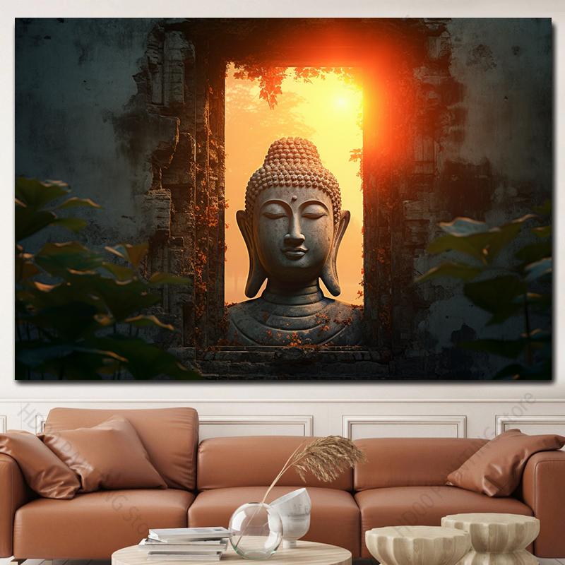 Buddha Statue Canvas Painting Buddah Statue and Candles Posters and Prints for Living Room Religious Wall Decor Unframe