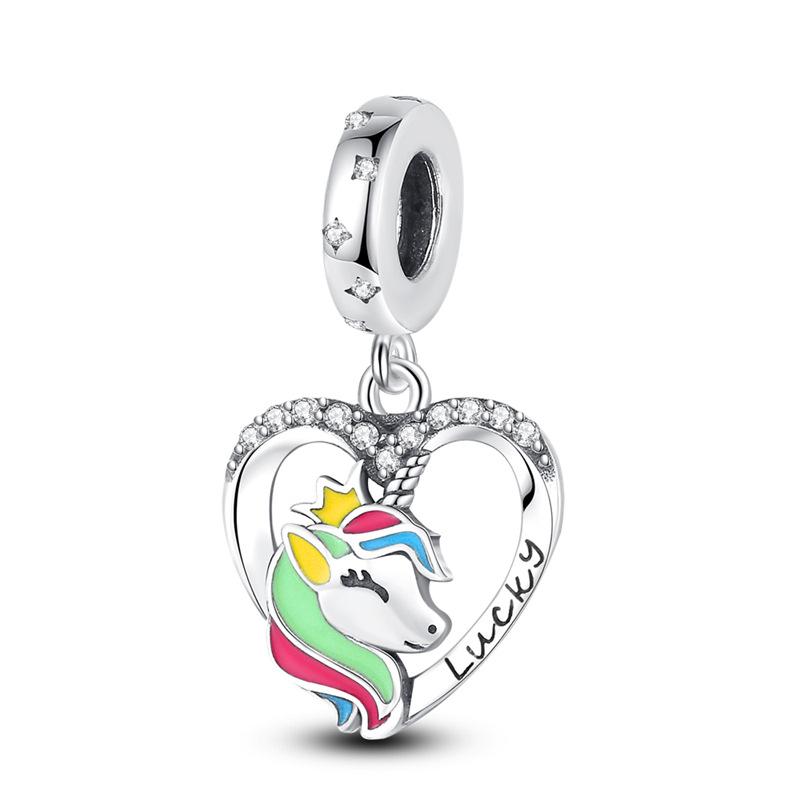 S925 Silver Rainbow Seven Heart Shaped Pony Unicorn Pendant Necklace Jewelry