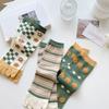 Stripe Grid Split Toe Short Socks Breathable Toe Mid-calf Socks Elastic Toe Separator Socks  Women