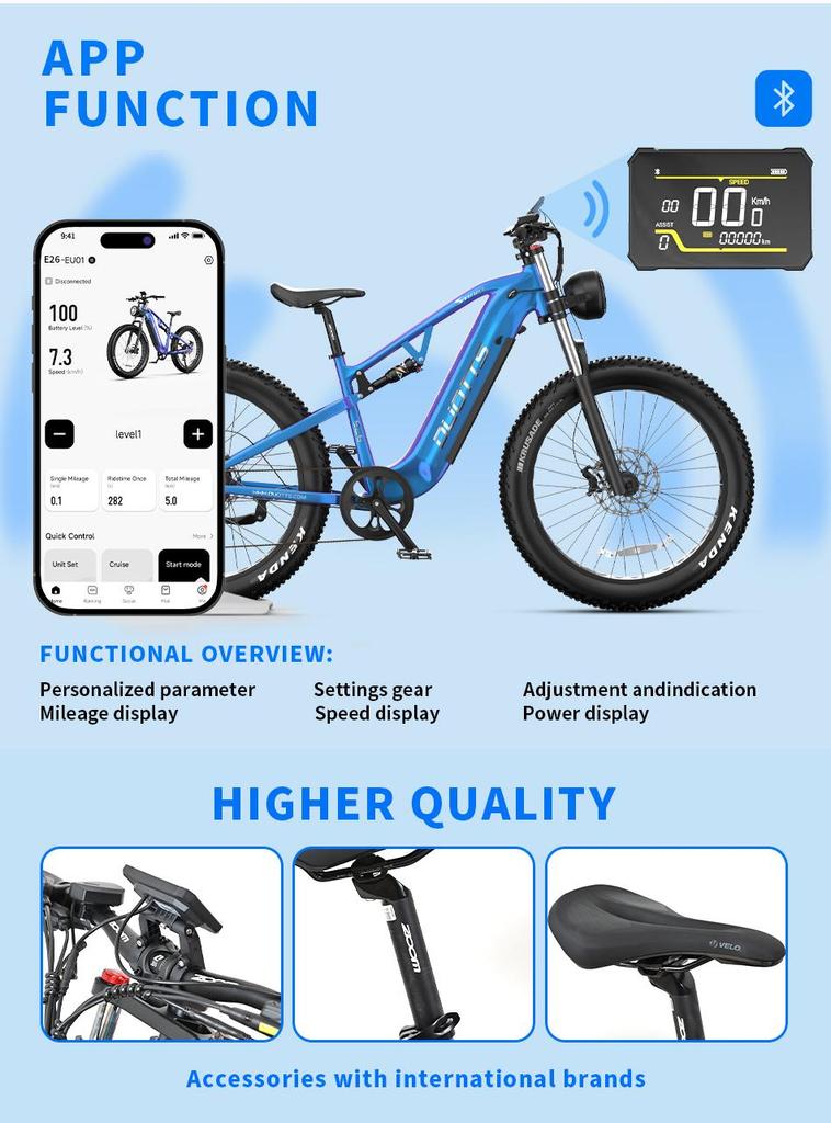 DUOTTS Электровелосипед E26: Дальность действия 120 км, крутящий момент 80 Нм, рама из сплава 26 дюймов, водонепроницаемость IPX4, регулируемая скорость