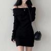 Women's Gothic Off Shoulder Mini Dress Long Sleeve Stripe Bodycon Short Dress Wrap Ribbed Knit Sweater Dress