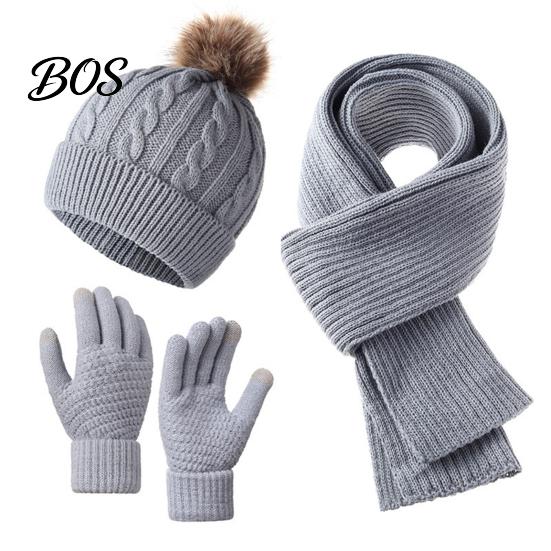 Cute Pom Hat for Women Winter Scarf Gloves Set, Knitted Warm Thermal Fashionable Cold Weather Clothing Sets Gloves, Solid Color Cozy Knit Accessories