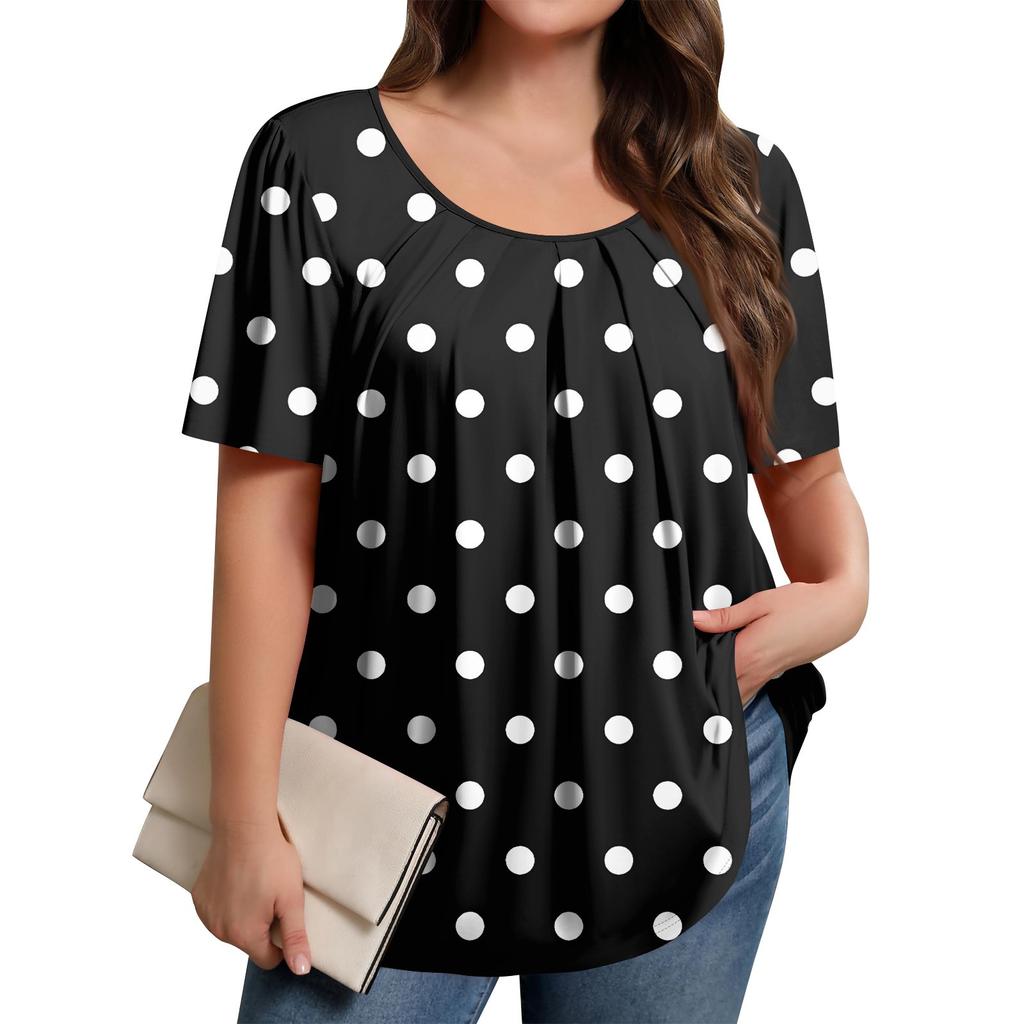 Plus Size Women's Casual Round Neck Pleated Short Sleeve Solid Color Top