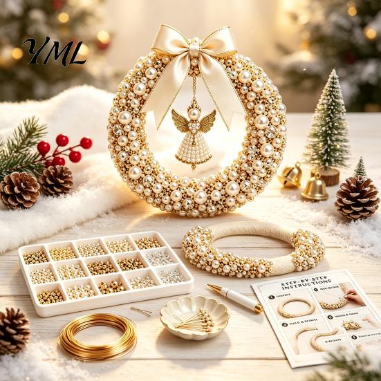 Decorative Pearl Beads for Crafts DIY Christmas Wreath Kit, Handmade Beaded Holiday Door Decor, Custom Wall Hanging Elegant Craft Project Home