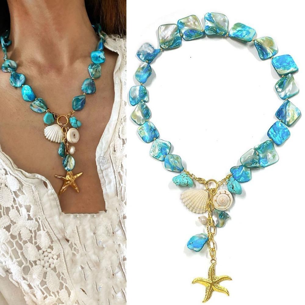 Handmade Sea Star Pendant Necklace Imitation Pearl Bohemian Shell Beads Necklace  Couple Gift