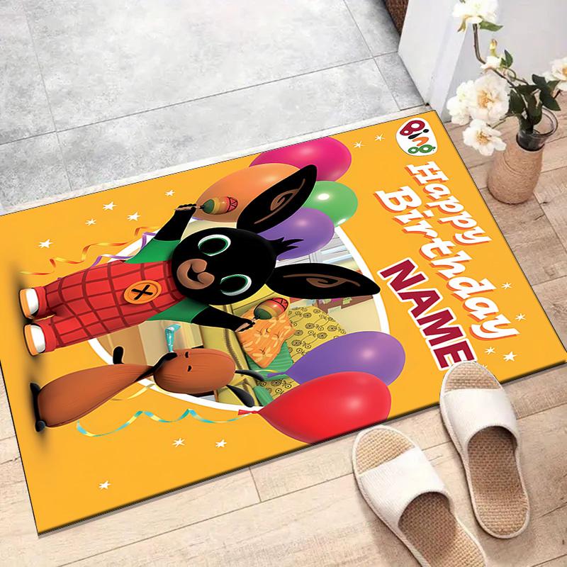 Custom Bing Bunny Mat Personalized Name, Polyester Washable Indoor Entryway Rug, Gift for Christmas, Easter, Thanksgiving Day
