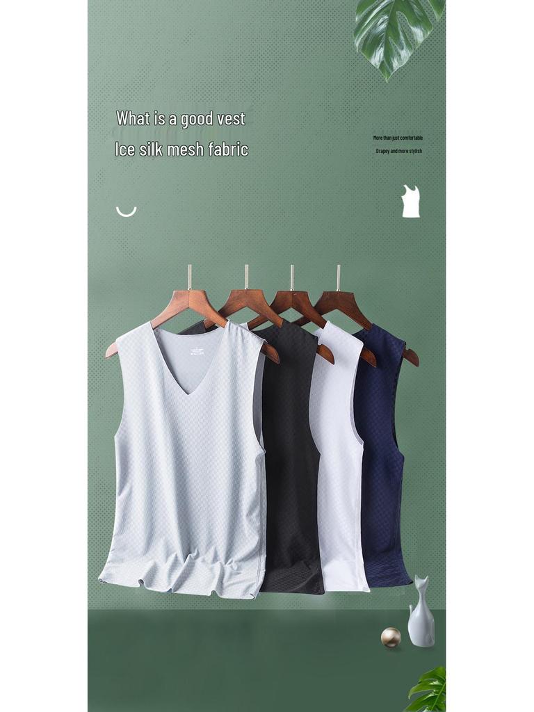 Мужская быстросохнущая облегающая майка без рукавов с V-образным вырезом из сетчатого ледяного шелка на лето