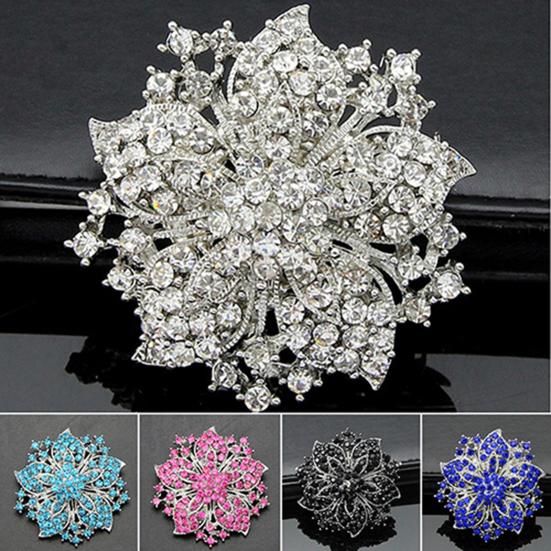 Brooch Pin Anti-rust Silver Plated Brooch Rhinestone Round Blossom Flower Breastpin for Dating Wedding Party