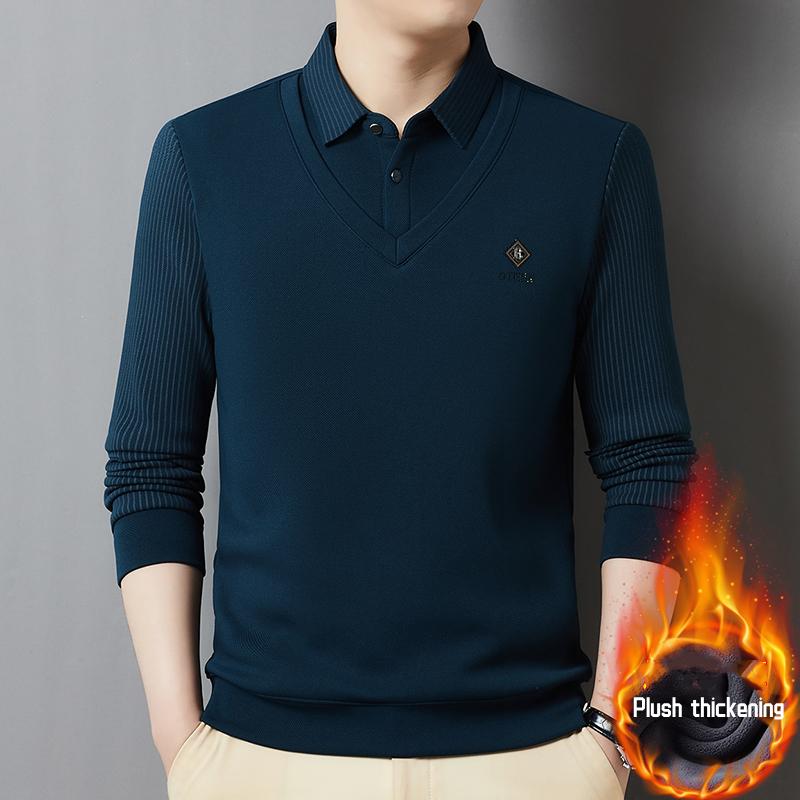 Продвинутый Роскошный Рубашечный Воротник Плюшевый Толстый Свитер Мужской Осенняя Мода Брендовая Вышивка Комплект-двойка с Имитацией Длиннорукавная Футболка